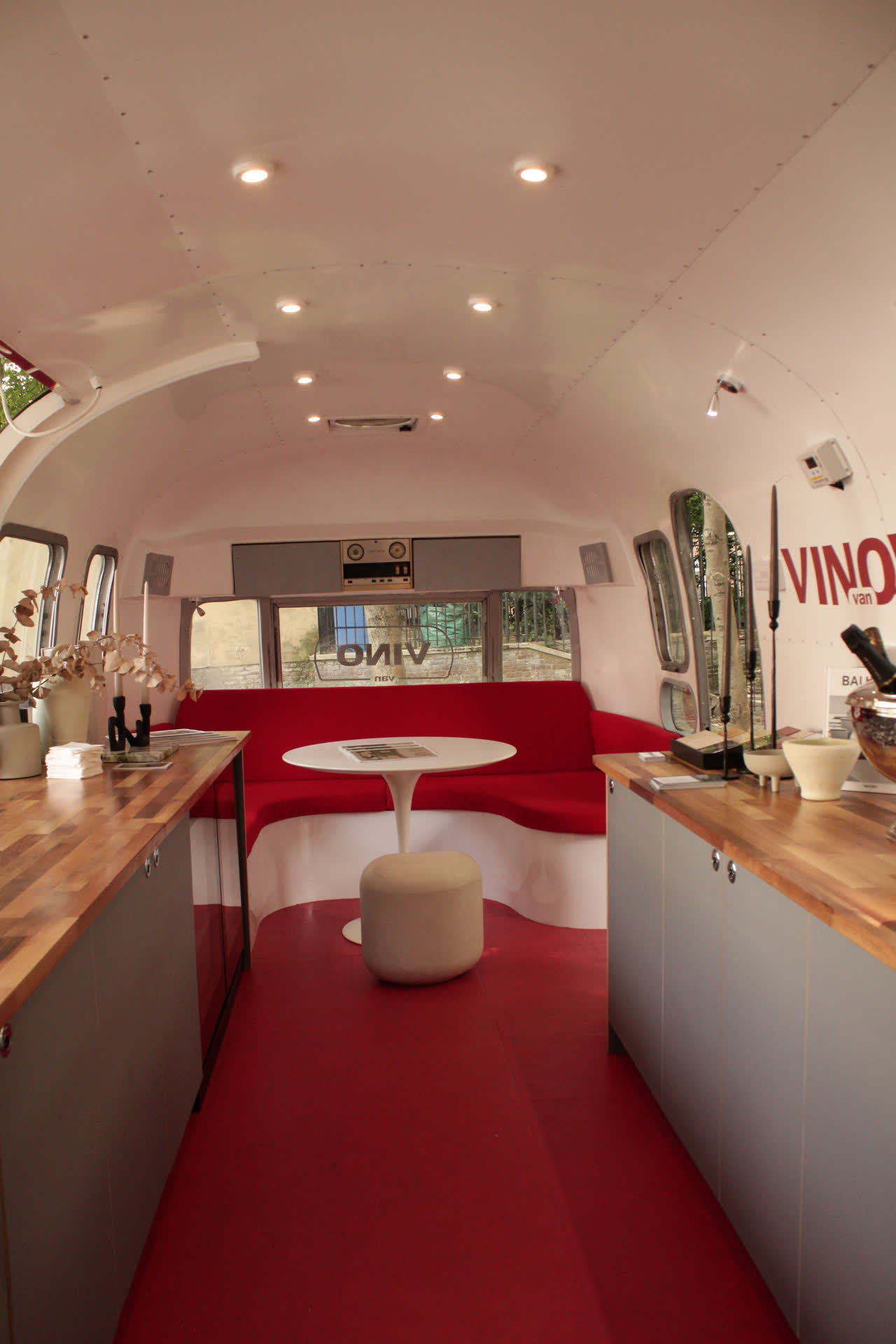 Interior of the restored 1969 Airstream Vino Van wine bar